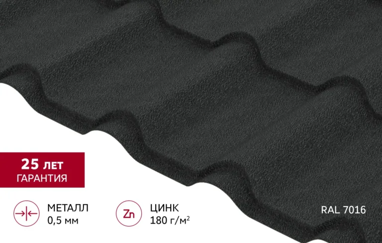 Металлочерепица Камея Satin Matt TX 0,5 мм RAL 7016 (Антрацитово-серый) Grand Line