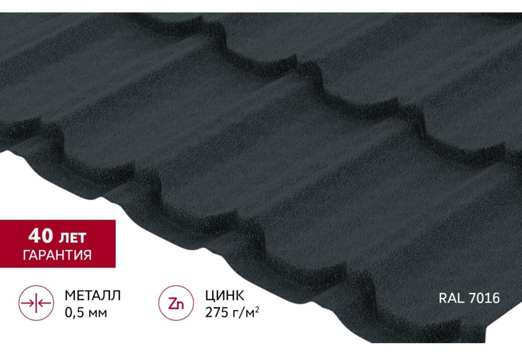 Металлочерепица Квинта Плюс PurPro Matt 0,5 мм RAL 7016 (Антрацитово-серый) Grand Line